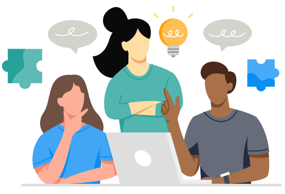people exchanging ideas in front of a computer