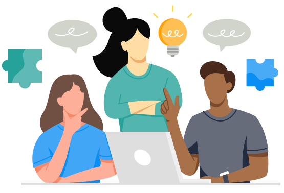 people exchanging ideas in front of a computer
