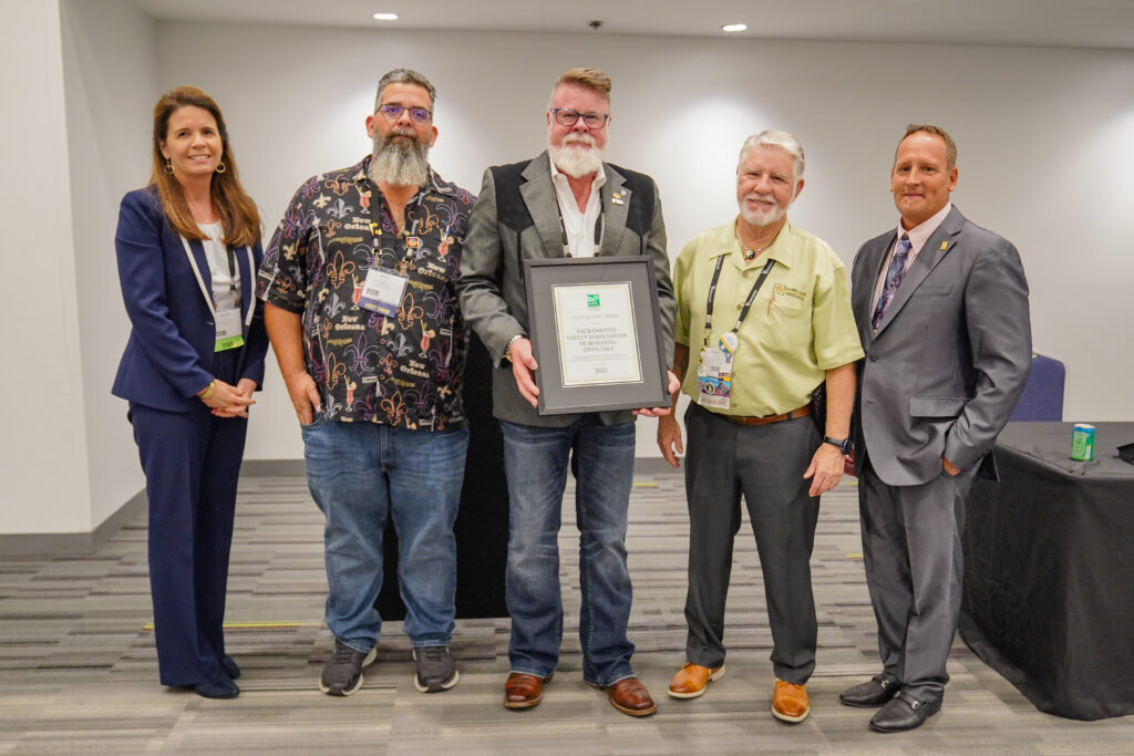 Pictured are members of the Sacramento Valley Association of Building Officials, recipient of the 2022 Chapter Merit Award, during the Chapter Presidents Meeting on Monday, Sept. 12, 2022, in Louisville, Kentucky.