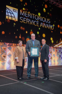 Pictured is David Byl as he accepts the 2022 Meritorious Service Award from Code Council Awards Committee Chair Steve McDaniel during the Awards Luncheon on Tuesday, Sept. 13, 2022, in Louisville, Kentucky.