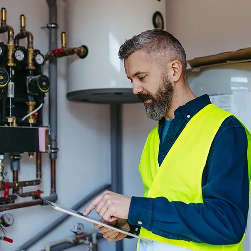 man in yellow vest holding clip board and inspecting plumbing