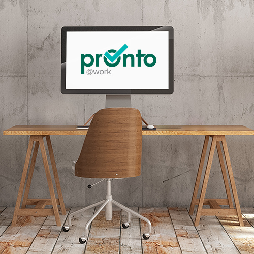 emtpy desk with a computer monitor on it with the pronto @ work logo on the screen