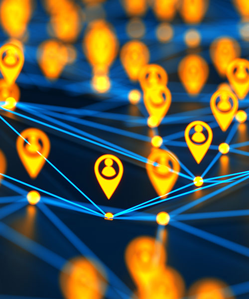 abstract image of yellow markers on a high tech background showing connections through lines