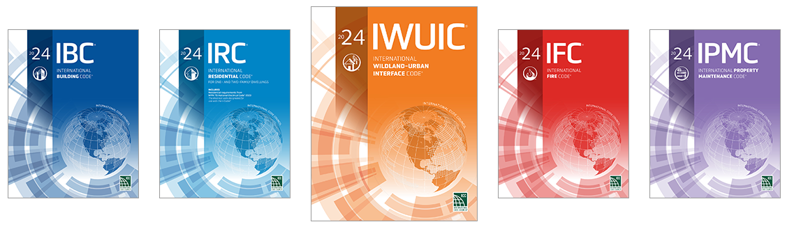 Graphic showing the International Building Code, International Residential Code, International Wildland-Urban Interface Code, International Fire Code and International Property Maintenance Code