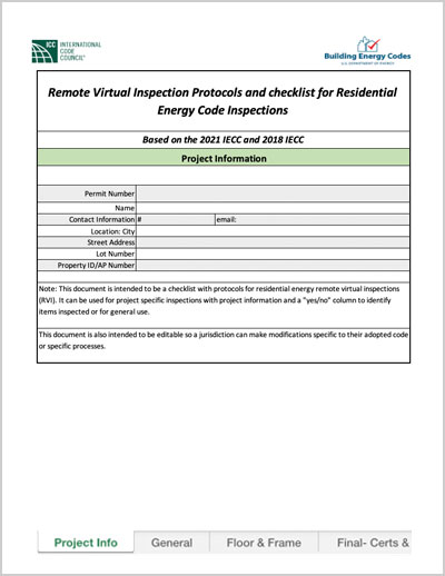 Remote Virtual Inspection Protocols and checklist for Residential Energy Code Inspections. Based on the 2021 IECC and 2018 IECC