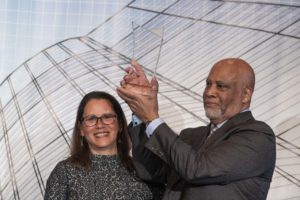 President Emeritus Henry L. Green, Hon. AIA, accepts the Mortimer M. Marshall Lifetime Achievement Award while Marshall’s daughter, Joy Marshall Ortiz, AIA, NCARB, immediate past secretary of the Institute board and president of The Marshall Group, looks on. Photo: National Institute of Building Sciences