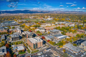 An aerial shot of Fort Collins, Colorado, during autumn
