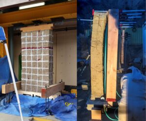 Santa Clara University in-plane reverse cyclic testing (left) and Cal Poly University out-of-plane testing (right).