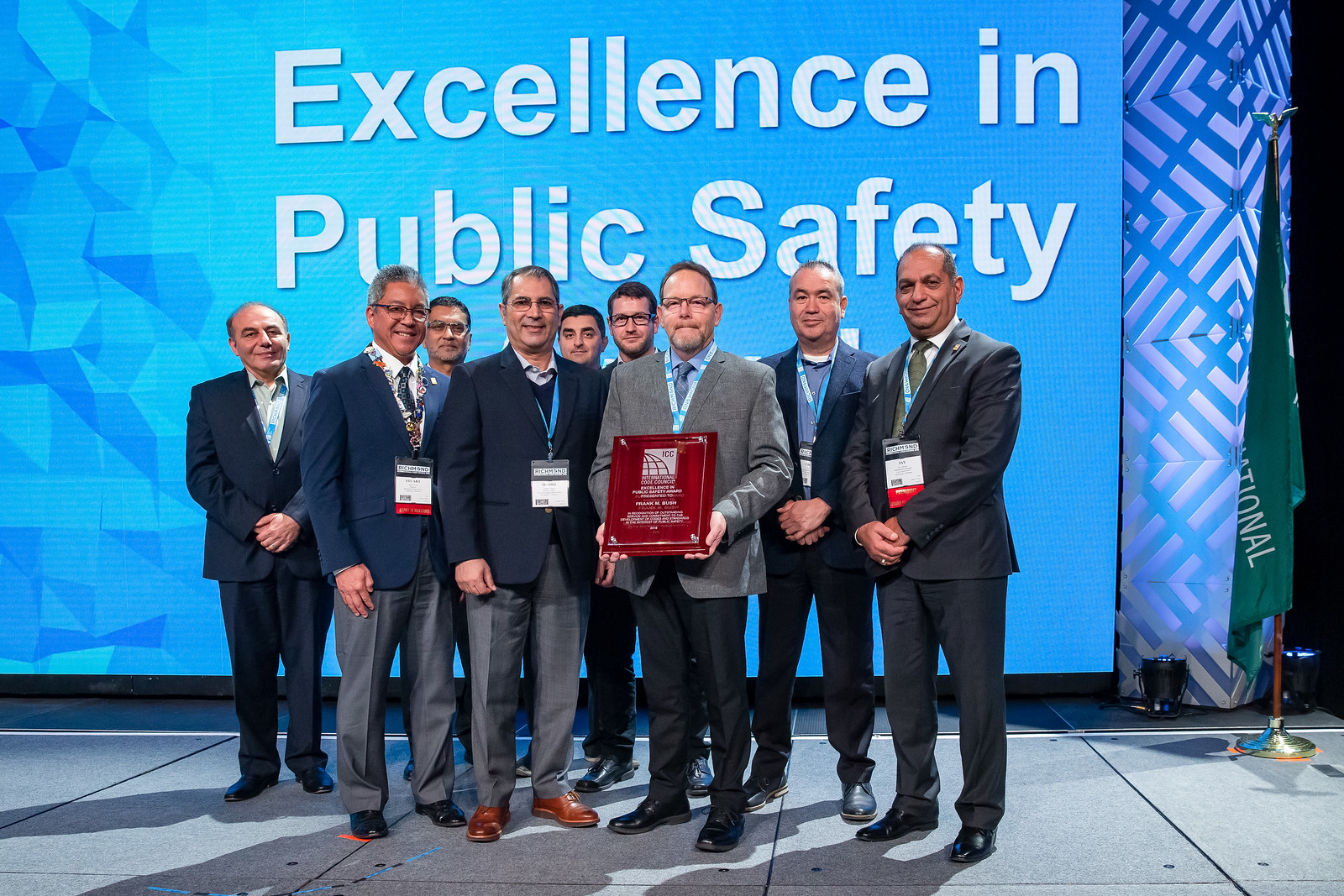 2018 Excellence in Public Safety Award recipient Frank Bush (holding plaque) with Osama Younan and Los Angeles Department of Building Safety staff, past ICC Board President Jay Elbettar (far right) and ICC Board Director Stuart Tom (second from left).