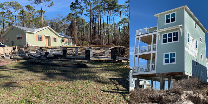 Older construction not to code (left) and new construction designed and built to code (right) in Port St. Joe, Fla.
