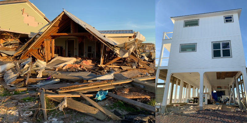 Older, non-reinforced masonry construction (left) and new oceanfront construction designed and built to code (right) in Mexico Beach, Fla.