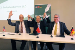 From left, ICC-ES President Shahin Moinian, CABR Chairman Prof. Ni Wang and DIBt President Gerhard Breitschaft celebrate the MOU signing.