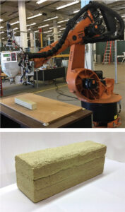 Enhanced articulated robot (top) and the printed sulfur concrete sample (bottom)