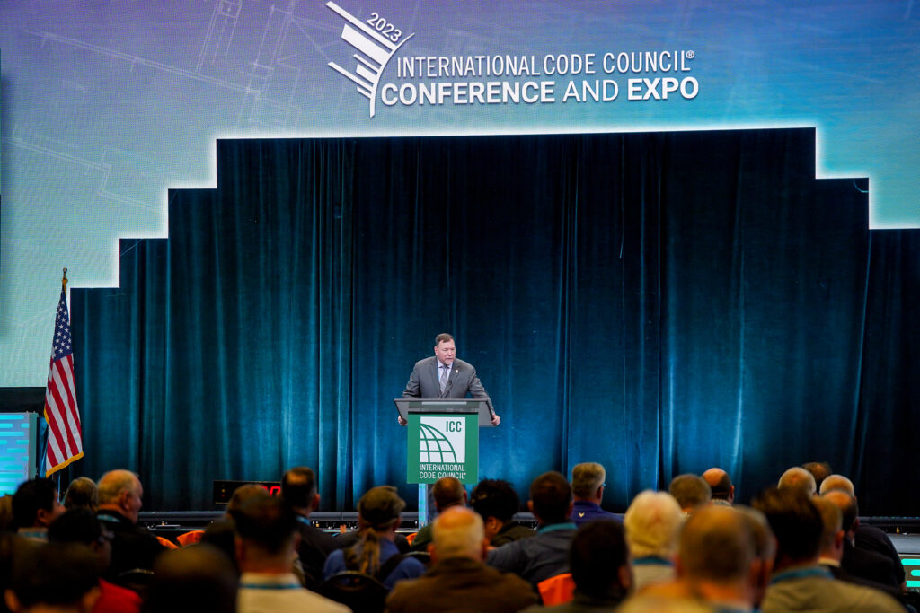 Immediate Past President Michael Wich, CBO, speaking during the Code Council's Annual Business Meeting